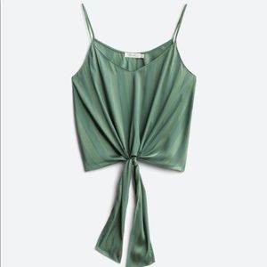 Sage tie front satin shirt